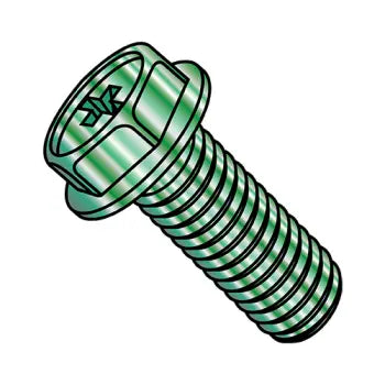JFAST 1108MPWG - 10-32X1/2  Phillips Indented Hex Washer Machine Screw Fully Threaded Zinc and Green, Case Quantity: 
6,000