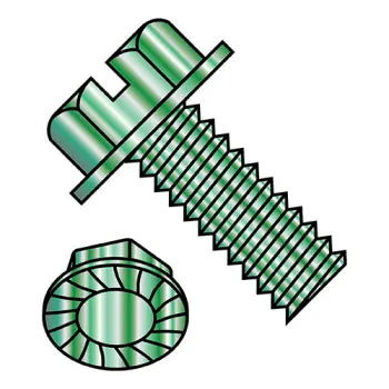 JFAST 1412MSWSG - 1/4-20X3/4  Slotted Indent Hex Washer Head Serrated Machine Screw Full Thread Zinc Green, Case Quantity: 
2,500