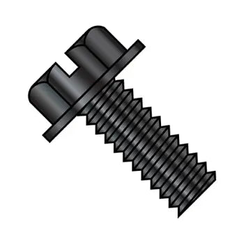 JFAST 1110MSWB - 10-32X5/8  Slotted Indented Hex Washer Head Machine Screw Fully Threaded Black Oxide, Case Quantity: 
5,000
