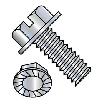JFAST 1128MSWS - 10-32X1 3/4  Slotted Indented Hex Washer Head Serrated Machine Screw Fully Threaded Zinc, Case Quantity: 
2,000